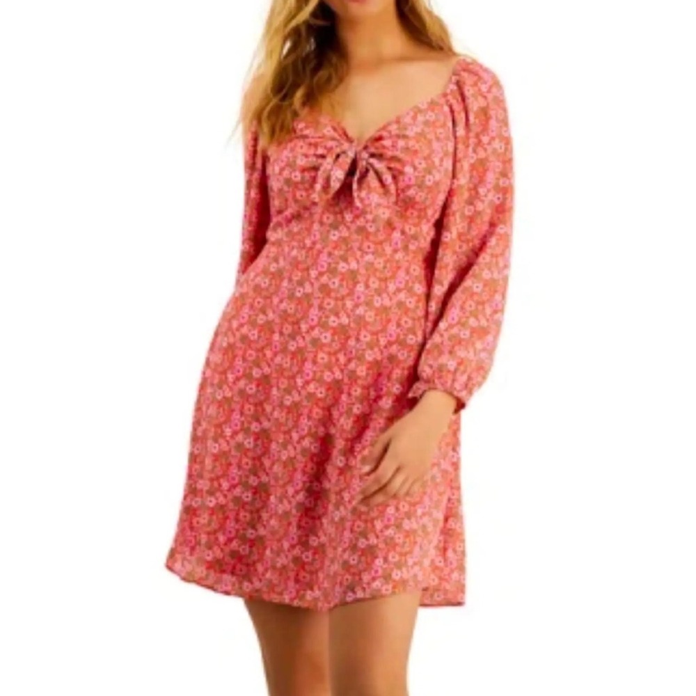 Bar III Floral Tie Bow Front Smocked Back Long Sleeve Mini Dress‎ Pink Red Large